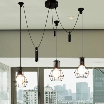 Farmhouse Black Metallic Pendant Light Fixture with Swag Design - 3/5/8 Head Caged Hanging Lamp