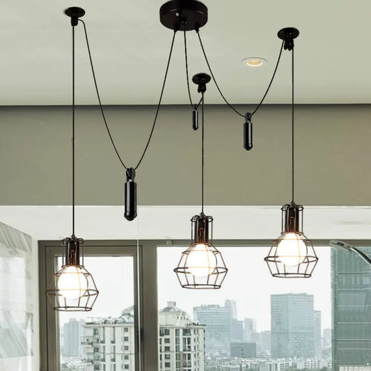 Farmhouse Black Metallic Pendant Light Fixture with Swag Design - 3/5/8 Head Caged Hanging Lamp