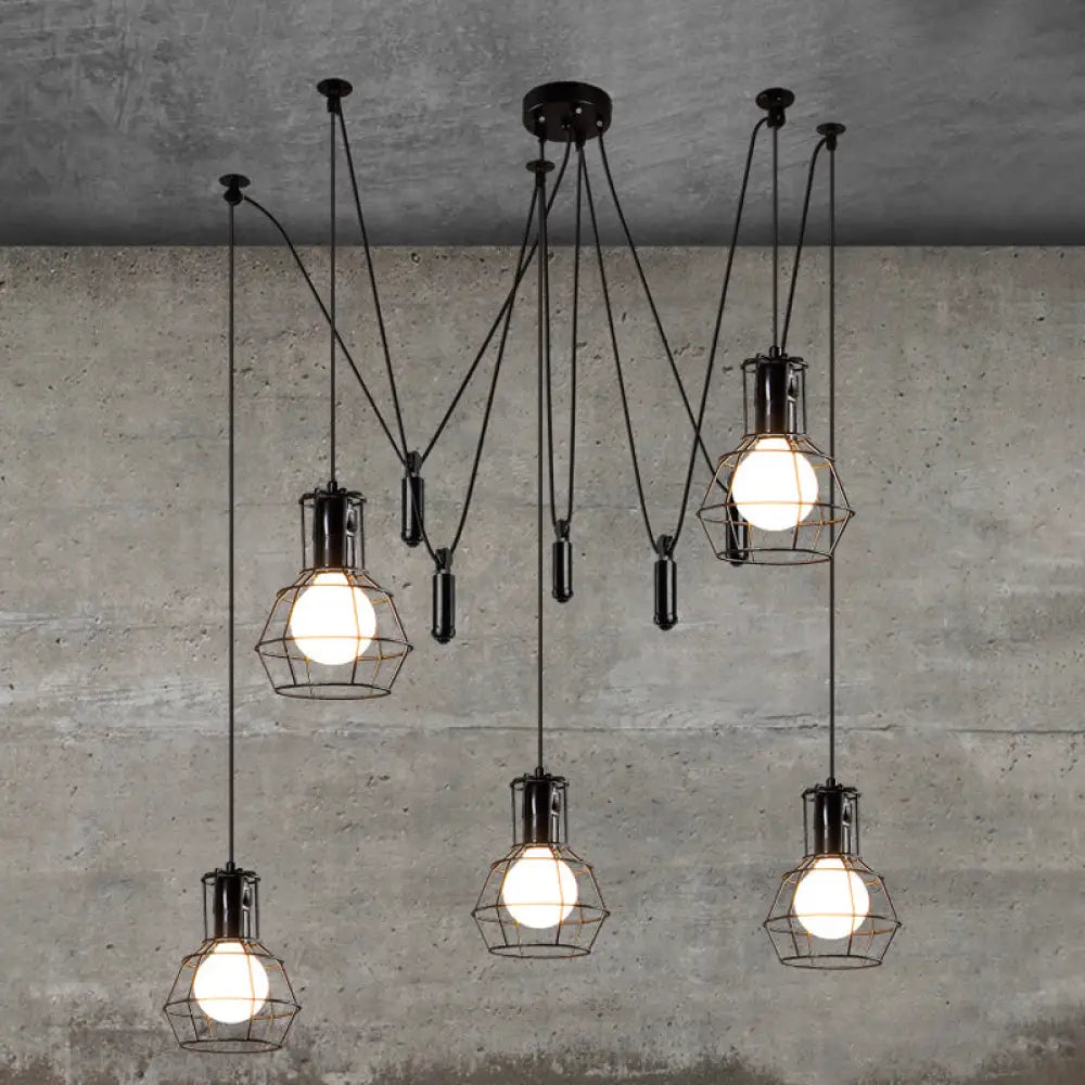 Farmhouse Black Metallic Pendant Light Fixture with Swag Design - 3/5/8 Head Caged Hanging Lamp