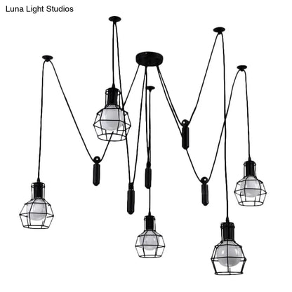 Farmhouse Black Metallic Pendant Light Fixture with Swag Design - 3/5/8 Head Caged Hanging Lamp