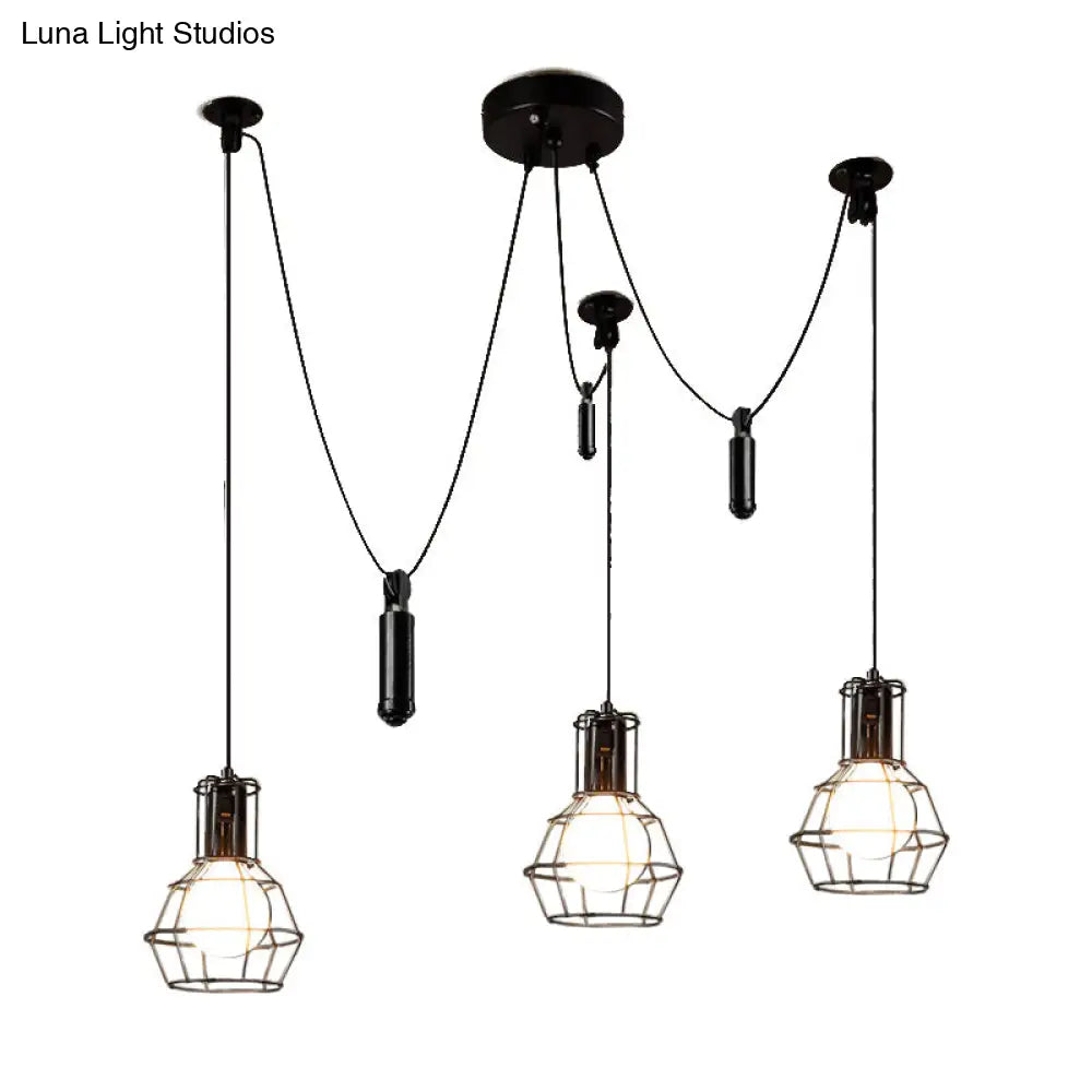 Farmhouse Black Metallic Pendant Light Fixture with Swag Design - 3/5/8 Head Caged Hanging Lamp