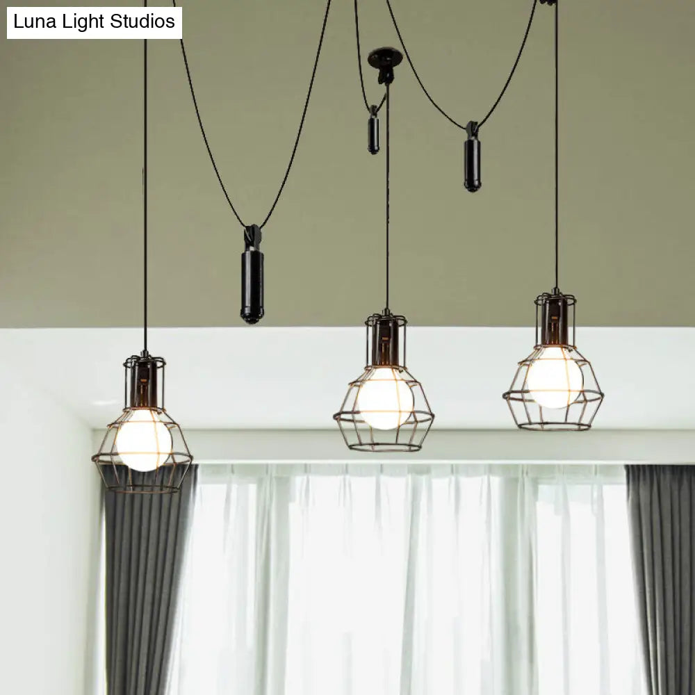 Farmhouse Black Metallic Pendant Light Fixture with Swag Design - 3/5/8 Head Caged Hanging Lamp