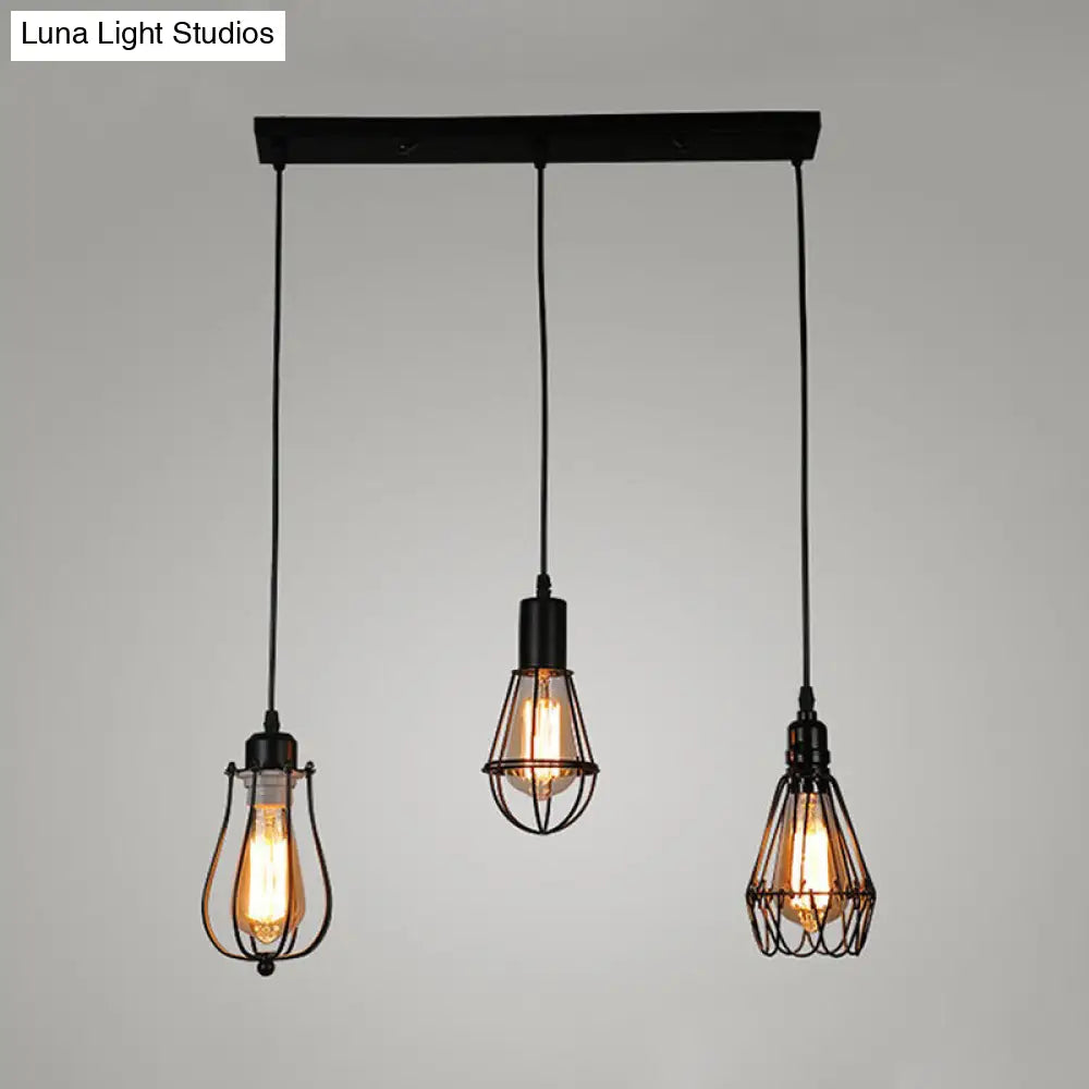 Farmhouse Black Metallic Pendant Light with Cage Design - 3 Lights