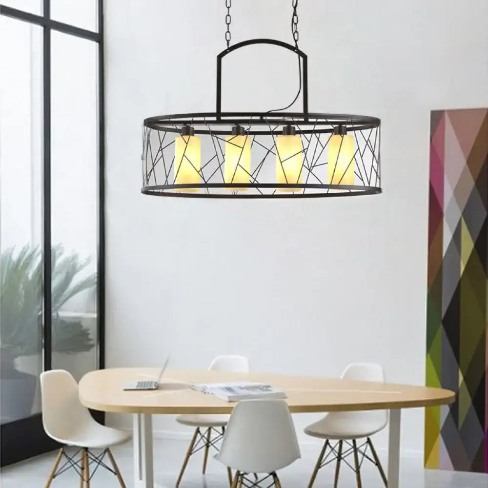 Black metal DecorBites farmhouse 4-head island ceiling light with geometric oblong mesh shade and warm yellow glass shades