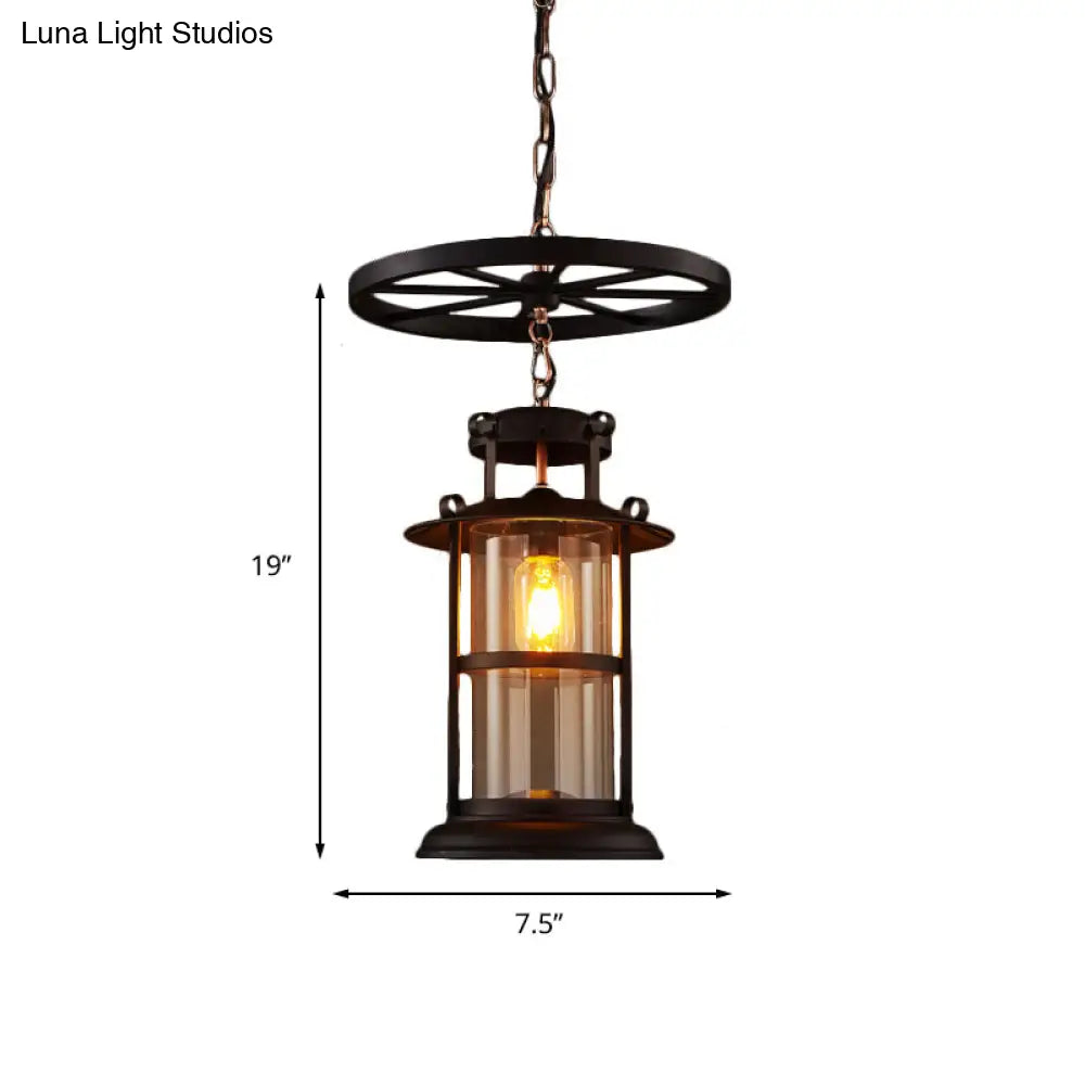 Farmhouse Black Single Light Pendant Ceiling Light with Clear Glass Cylinder and Iron Wheel Fixture