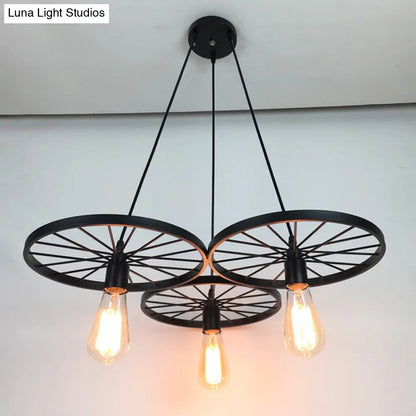 Farmhouse Black Wheel Chandelier Pendant Lamp (3/6-Light Iron Hanging Bistro Ceiling Fixture)