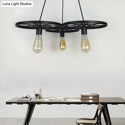 Farmhouse Black Wheel Chandelier Pendant Lamp (3/6-Light Iron Hanging Bistro Ceiling Fixture)