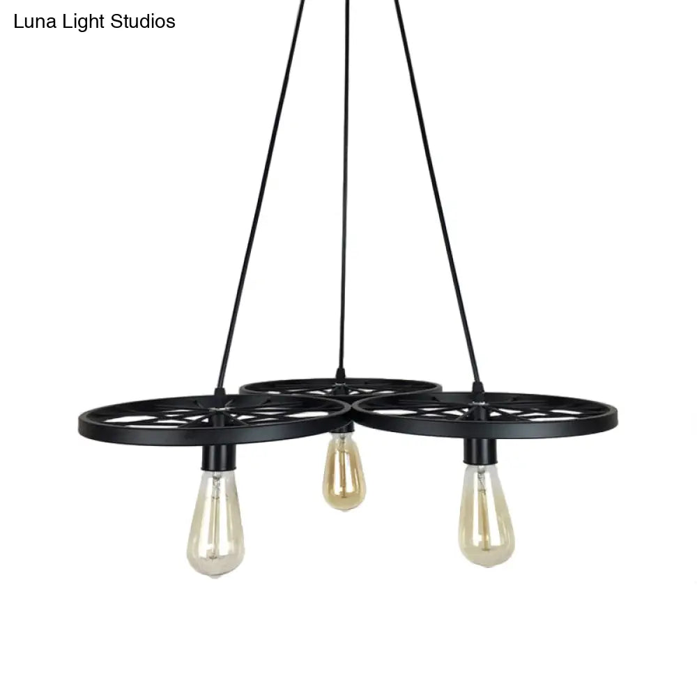 Farmhouse Black Wheel Chandelier Pendant Lamp (3/6-Light Iron Hanging Bistro Ceiling Fixture)