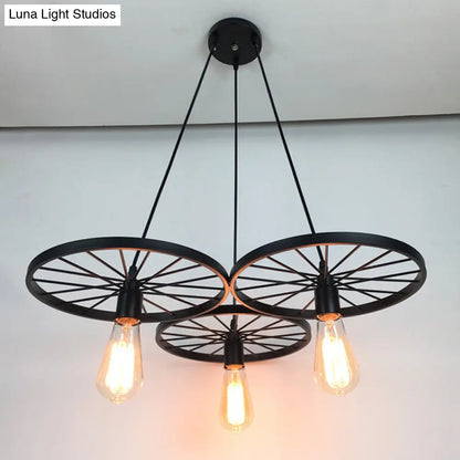 Farmhouse Black Wheel Chandelier Pendant Lamp (3/6-Light Iron Hanging Bistro Ceiling Fixture)