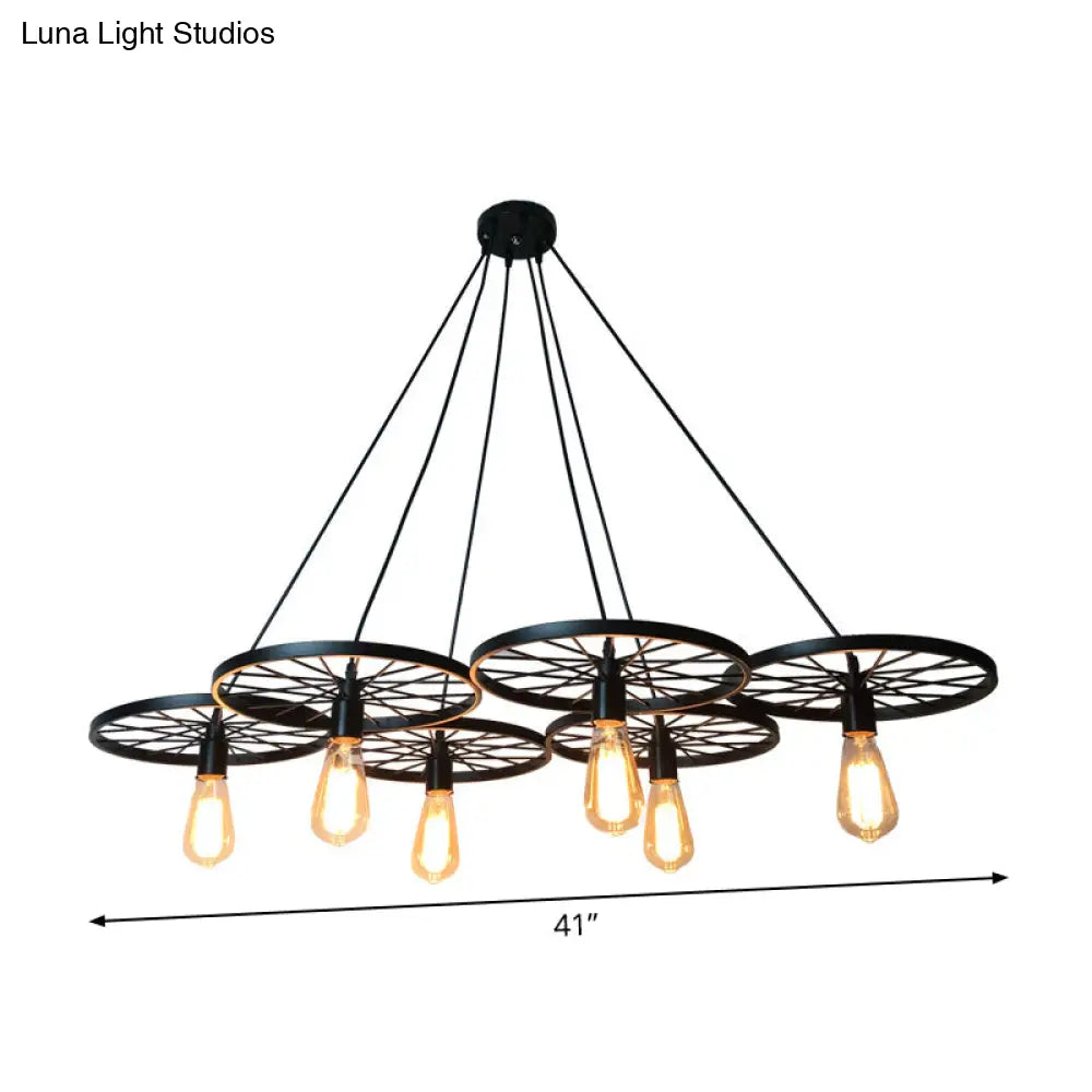 Farmhouse Black Wheel Chandelier Pendant Lamp (3/6-Light Iron Hanging Bistro Ceiling Fixture)