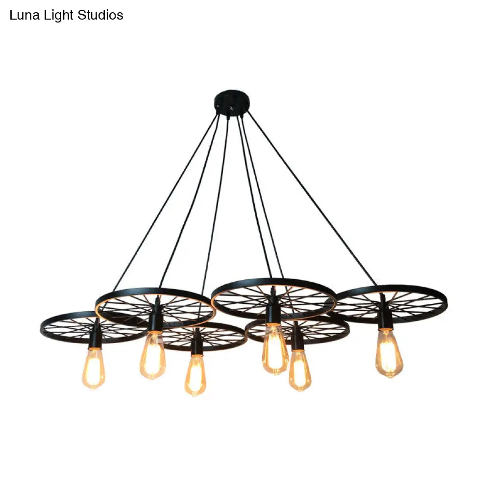 Farmhouse Black Wheel Chandelier Pendant Lamp (3/6-Light Iron Hanging Bistro Ceiling Fixture)