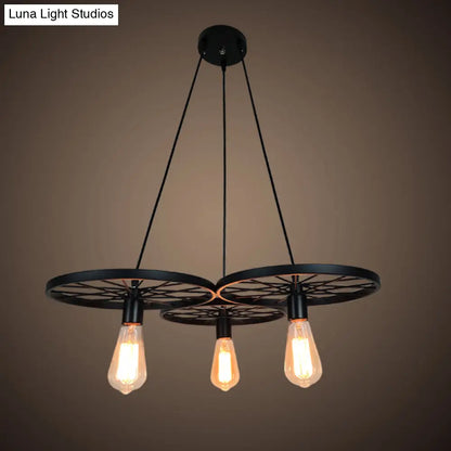 Farmhouse Black Wheel Chandelier Pendant Lamp (3/6-Light Iron Hanging Bistro Ceiling Fixture)