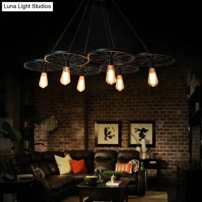 Farmhouse Black Wheel Chandelier Pendant Lamp (3/6-Light Iron Hanging Bistro Ceiling Fixture)