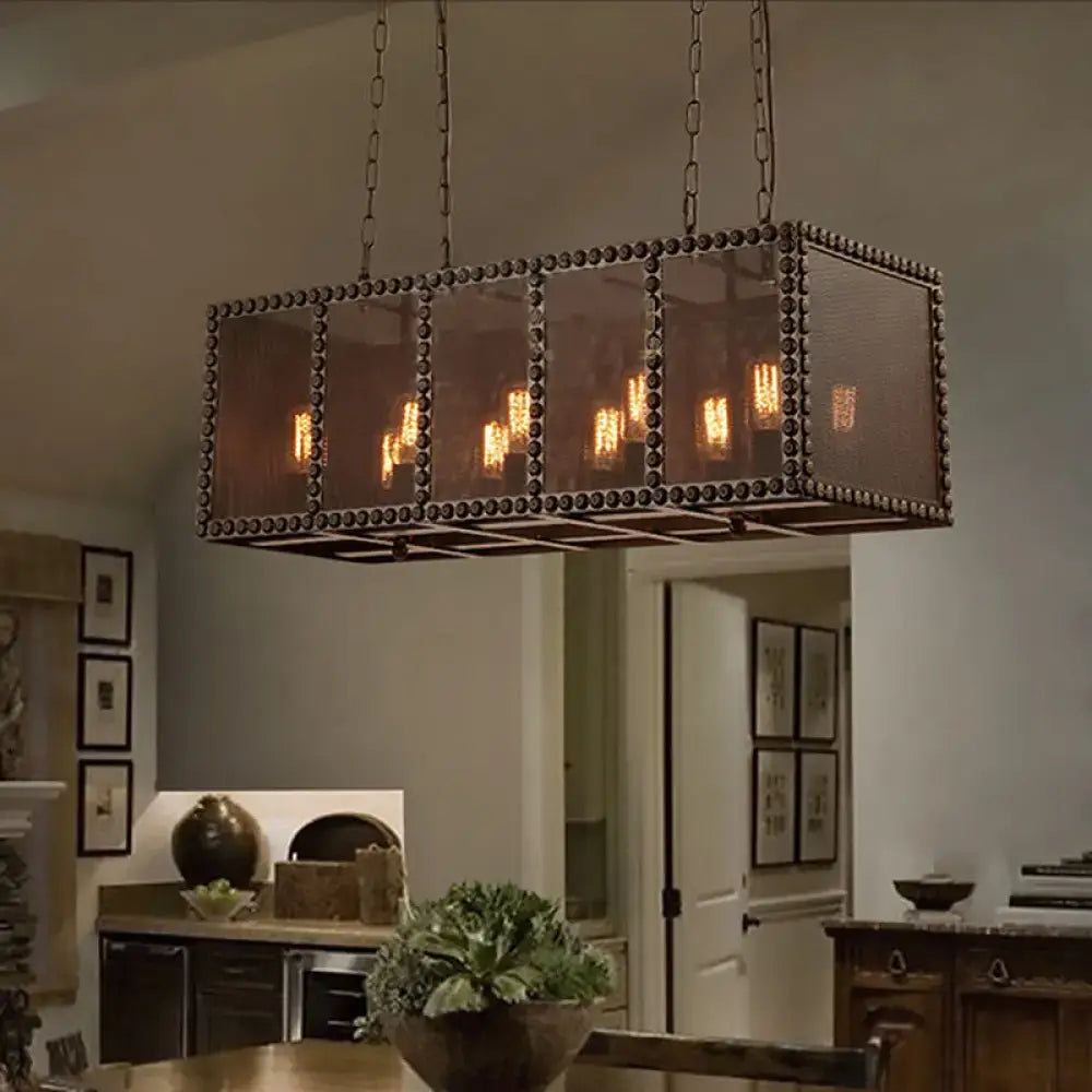 DecorBites stylish black rectangular ceiling light with wire net metal shade and exposed filament bulbs hanging from chains