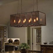 DecorBites stylish black rectangular ceiling light with wire net metal shade and exposed filament bulbs hanging from chains