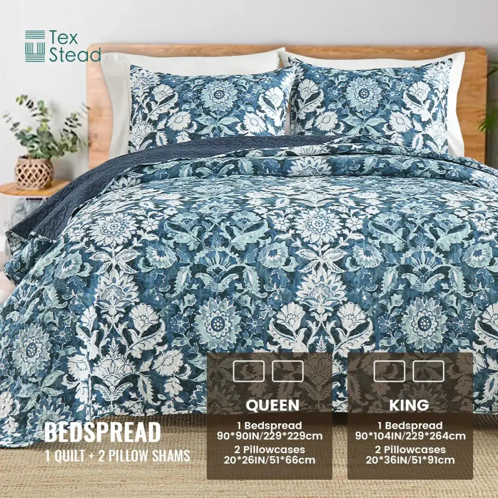 Farmhouse blue and white floral quilted bedding set by Tex Stead featuring a blue floral pattern for bedroom decor