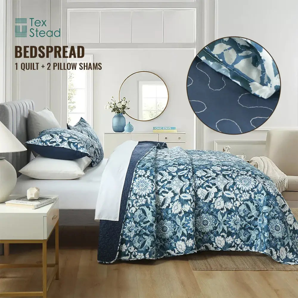 Texstead blue floral quilted bedding set featuring a farmhouse design with matching pillow shams for bedroom decor