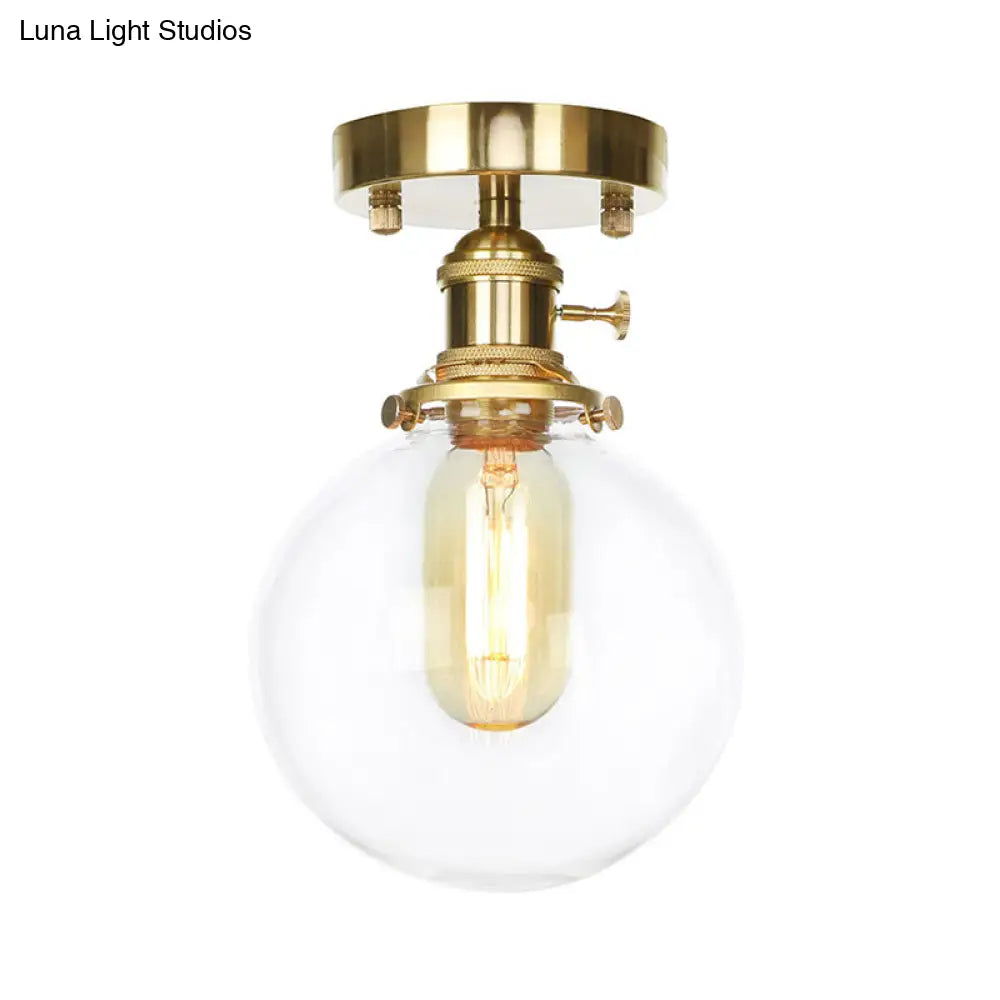 Farmhouse Brass Ceiling Light with Clear/Amber Glass Globe - Semi Flush Mount for Dining Room