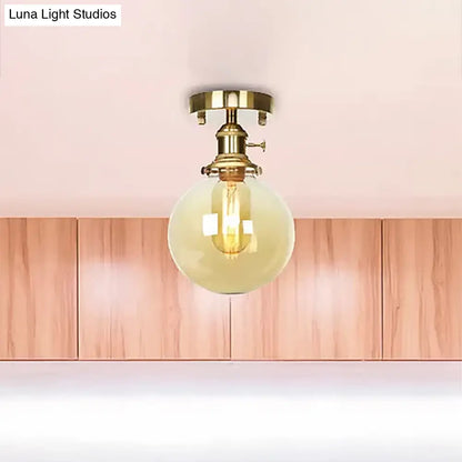 Farmhouse Brass Ceiling Light with Clear/Amber Glass Globe - Semi Flush Mount for Dining Room