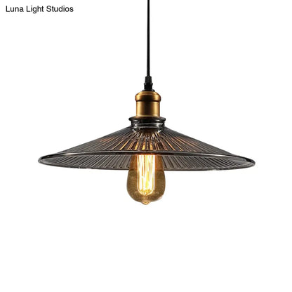 Farmhouse Brass Cone Pendant Ceiling Light with Ribbed Glass - Living Room Hanging Lamp (1 Light)