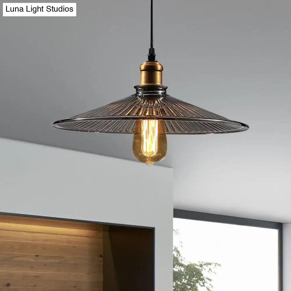 Farmhouse Brass Cone Pendant Ceiling Light with Ribbed Glass - Living Room Hanging Lamp (1 Light)