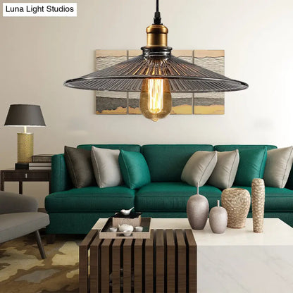 Farmhouse Brass Cone Pendant Ceiling Light with Ribbed Glass - Living Room Hanging Lamp (1 Light)