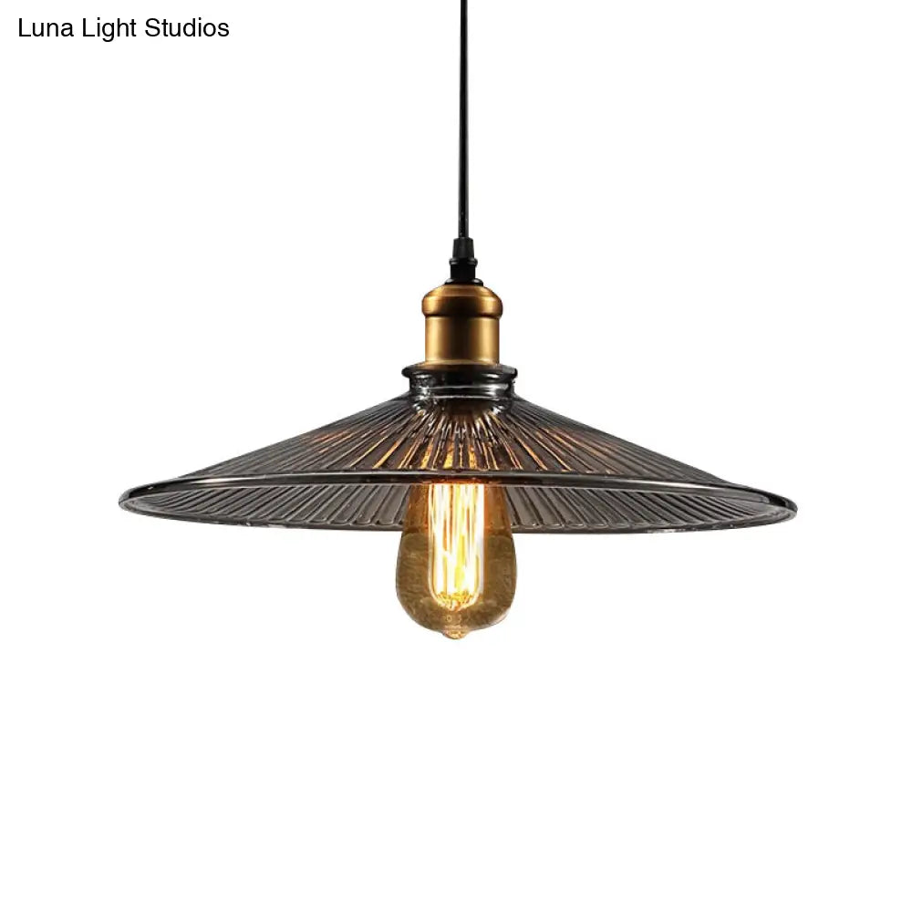 Farmhouse Brass Cone Pendant Ceiling Light with Ribbed Glass - Living Room Hanging Lamp (1 Light)