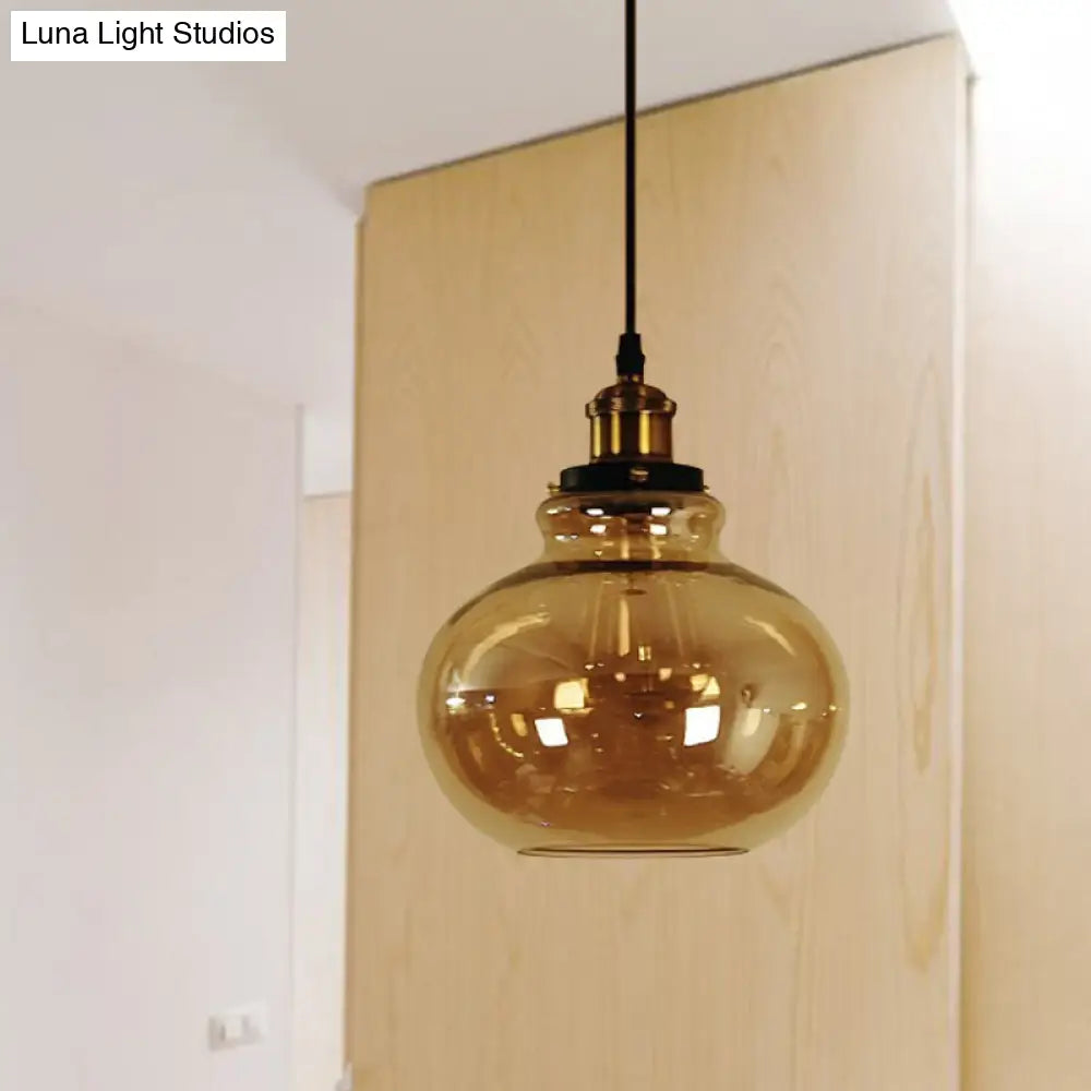 Farmhouse Brass Pendant Ceiling Light - Amber Glass Hanging Lamp - 1 Light Globe - Indoor Use