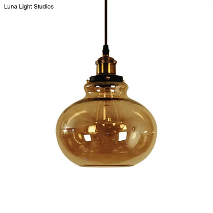 Farmhouse Brass Pendant Ceiling Light - Amber Glass Hanging Lamp - 1 Light Globe - Indoor Use