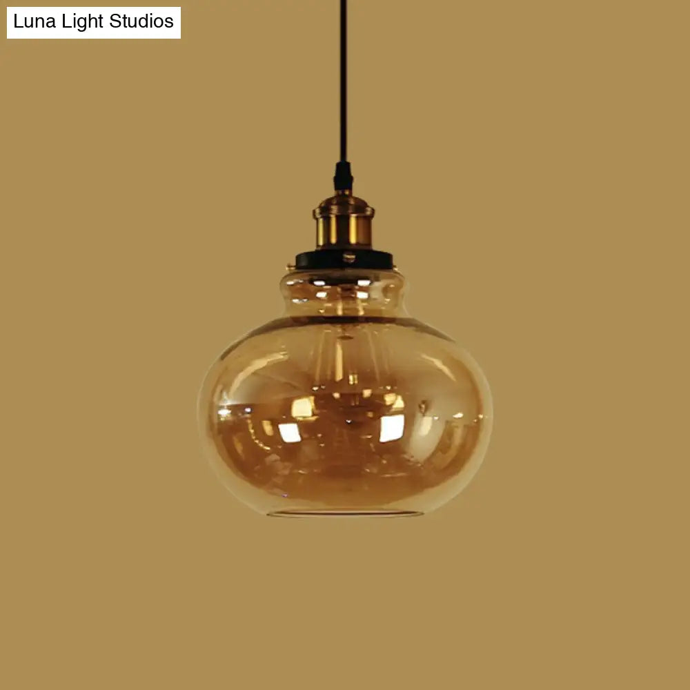 Farmhouse Brass Pendant Ceiling Light - Amber Glass Hanging Lamp - 1 Light Globe - Indoor Use