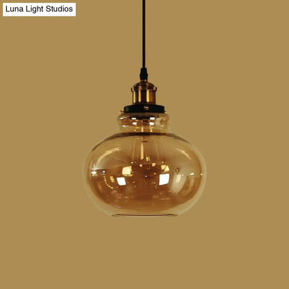 Farmhouse Brass Pendant Ceiling Light - Amber Glass Hanging Lamp - 1 Light Globe - Indoor Use