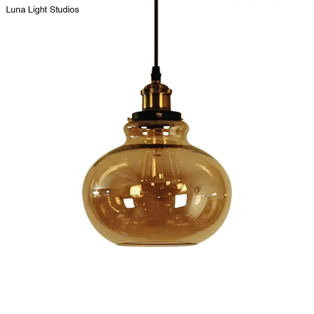 Farmhouse Brass Pendant Ceiling Light - Amber Glass Hanging Lamp - 1 Light Globe - Indoor Use