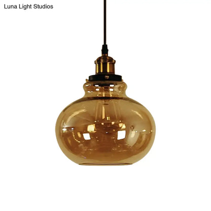 Farmhouse Brass Pendant Ceiling Light - Amber Glass Hanging Lamp - 1 Light Globe - Indoor Use