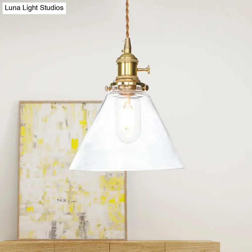 Farmhouse Brass Pendant Ceiling Light Fixture - Clear/Amber Glass Cone, 1-Light for Living Room