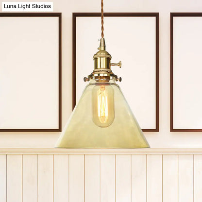 Farmhouse Brass Pendant Ceiling Light Fixture - Clear/Amber Glass Cone, 1-Light for Living Room