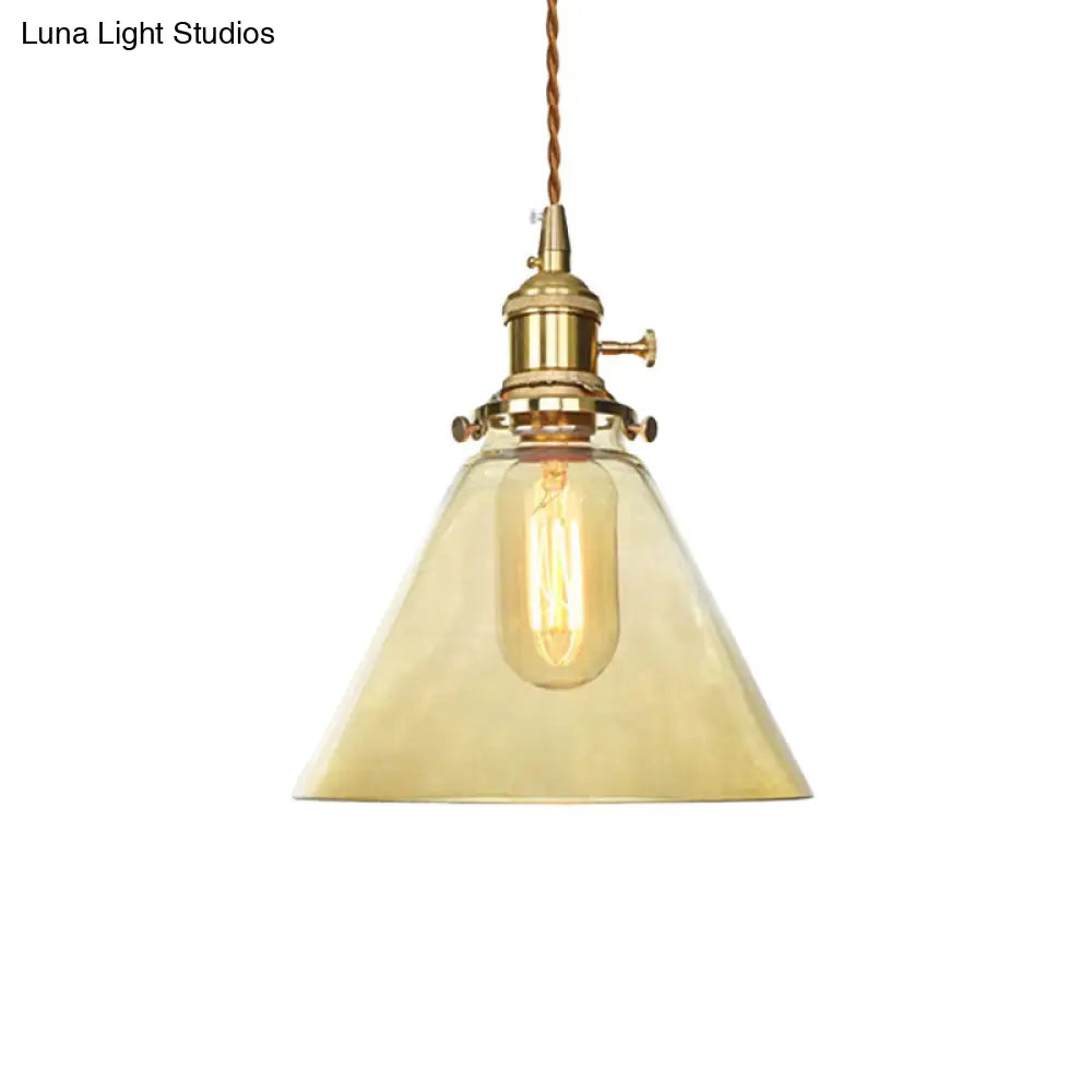 Farmhouse Brass Pendant Ceiling Light Fixture - Clear/Amber Glass Cone, 1-Light for Living Room