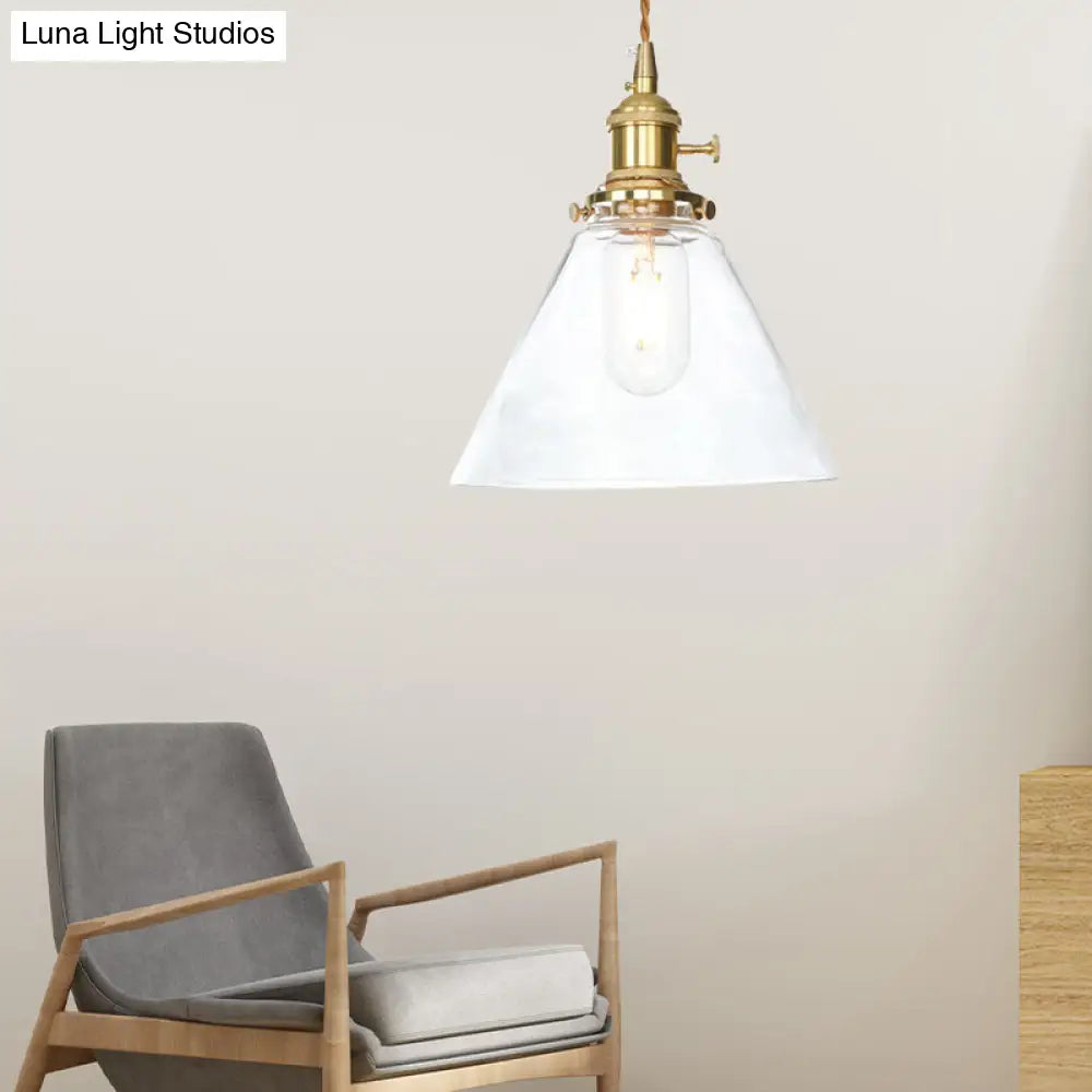 Farmhouse Brass Pendant Ceiling Light Fixture - Clear/Amber Glass Cone, 1-Light for Living Room