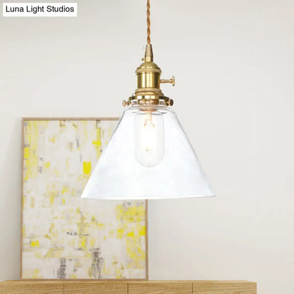 Farmhouse Brass Pendant Ceiling Light Fixture - Clear/Amber Glass Cone, 1-Light for Living Room