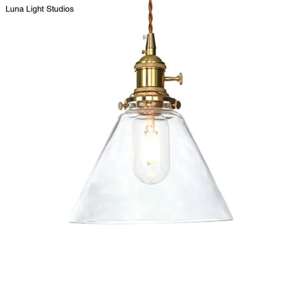 Farmhouse Brass Pendant Ceiling Light Fixture - Clear/Amber Glass Cone, 1-Light for Living Room