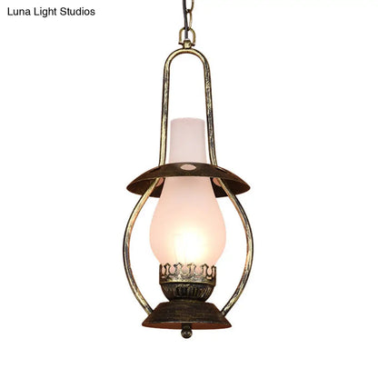 Farmhouse Brass Pendant Ceiling Light with Milk Glass - Rustic Kerosene Lighting Fixture for Restaurants