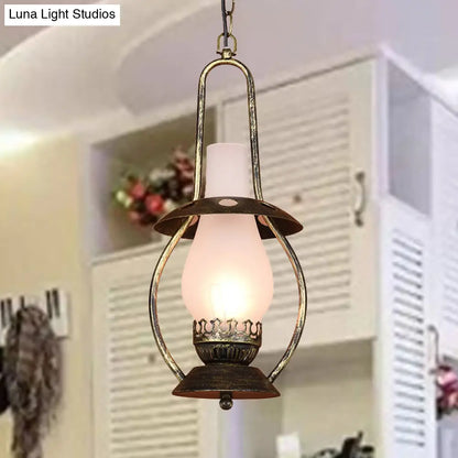 Farmhouse Brass Pendant Ceiling Light with Milk Glass - Rustic Kerosene Lighting Fixture for Restaurants