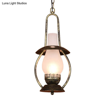 Farmhouse Brass Pendant Ceiling Light with Milk Glass - Rustic Kerosene Lighting Fixture for Restaurants