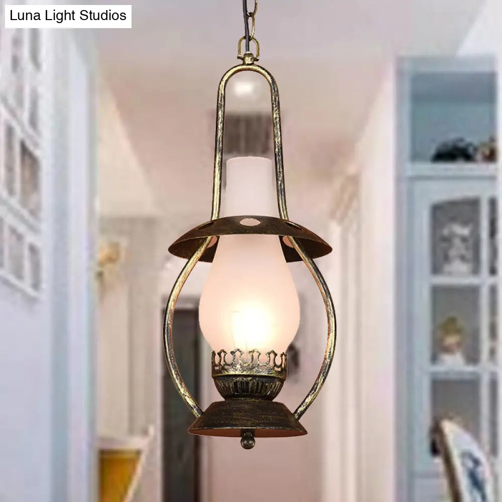 Farmhouse Brass Pendant Ceiling Light with Milk Glass - Rustic Kerosene Lighting Fixture for Restaurants