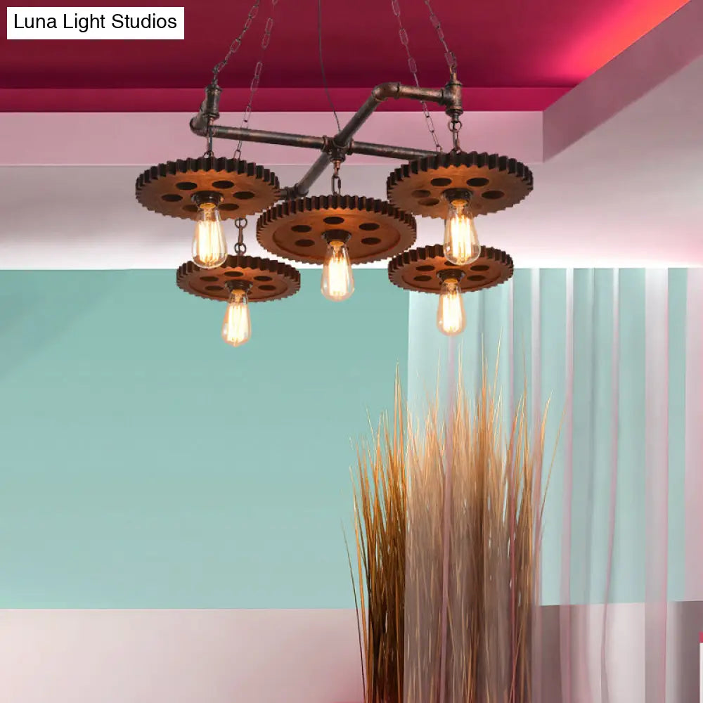 Farmhouse Bronze Metal Chandelier - 5 Lights Open Bulb Hanging Light Kit for Restaurants