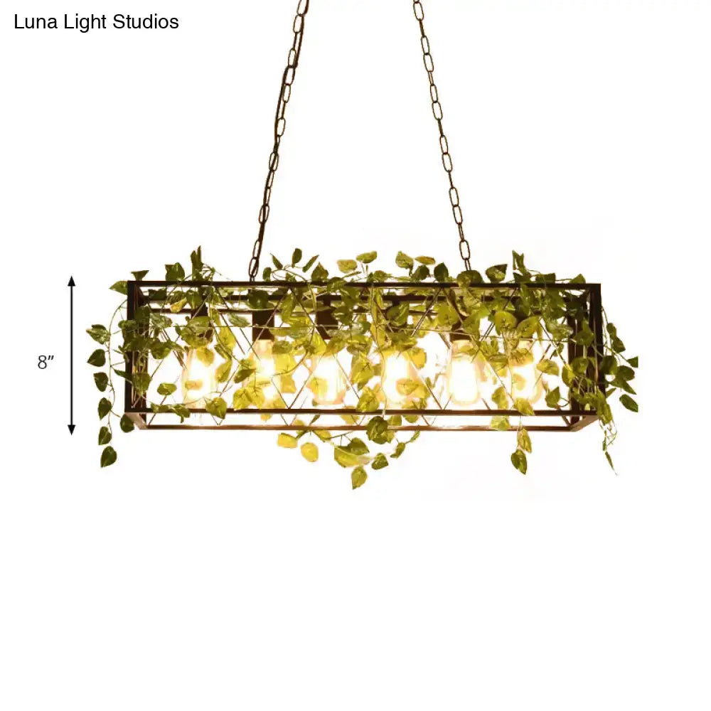 Bronze wrought iron rectangular hanging lamp with four warm bulbs and green ivy 220v-240v 110v-120v for restaurants