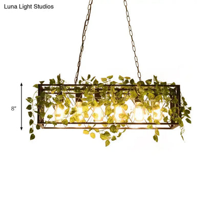 Bronze wrought iron rectangular hanging lamp with four warm bulbs and green ivy 220v-240v 110v-120v for restaurants