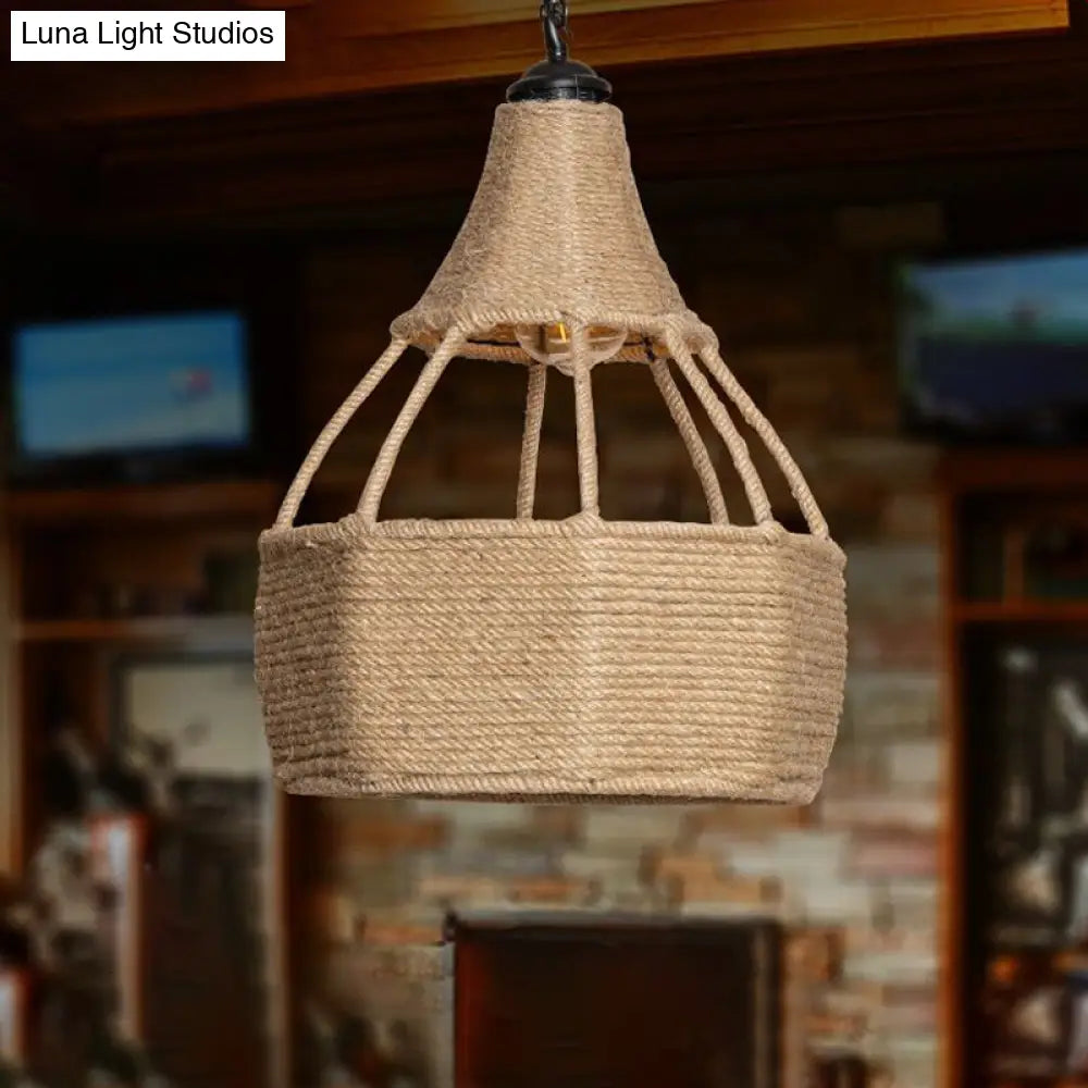 Farmhouse Brown Dining Table Pendant Light - Single Jute Rope Down Lighting with Pear Shape Design