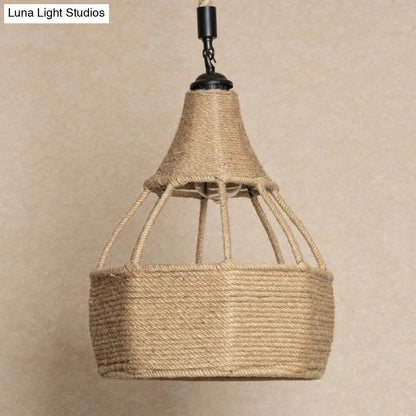 Farmhouse Brown Dining Table Pendant Light - Single Jute Rope Down Lighting with Pear Shape Design