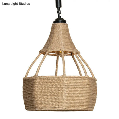 Farmhouse Brown Dining Table Pendant Light - Single Jute Rope Down Lighting with Pear Shape Design