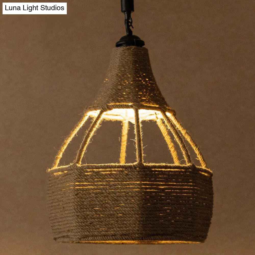 Farmhouse Brown Dining Table Pendant Light - Single Jute Rope Down Lighting with Pear Shape Design